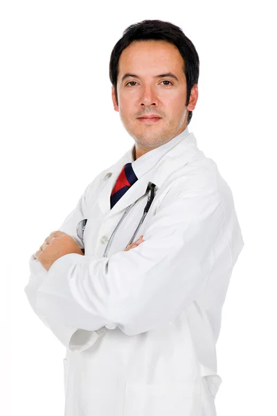 Mosolygó fiatal orvos, elszigetelt fehér portréja — Stock Fotó