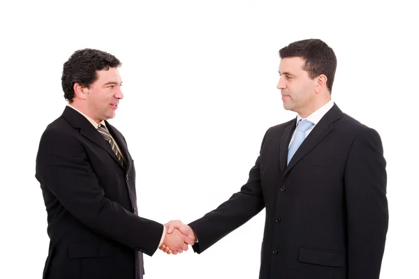 Deux hommes d'affaires serrant la main, faisant un accord sur le blanc — Photo