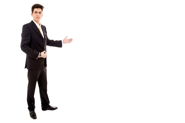 Młody biznes człowiek całe ciało prezentacji na białym tle — Zdjęcie stockowe