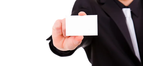Close-up of business card in business man hand — Stock Photo, Image