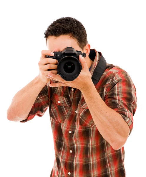 Jovem fotógrafo com câmera, isolado em branco — Fotografia de Stock