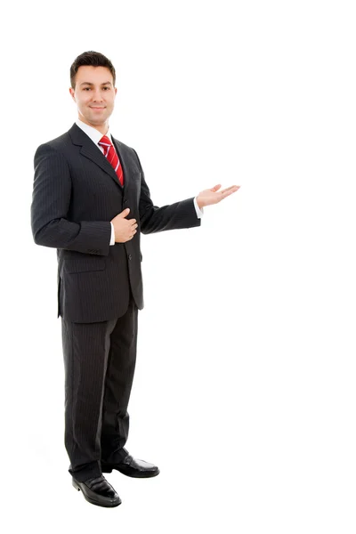 Hombre de negocios feliz con el brazo hacia fuera en un gesto de bienvenida, aislado —  Fotos de Stock