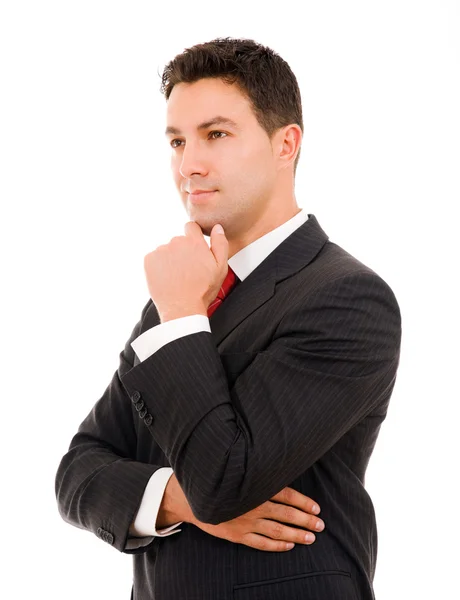 Close-up van een peinzende jonge zakenman, geïsoleerd op wit — Stockfoto