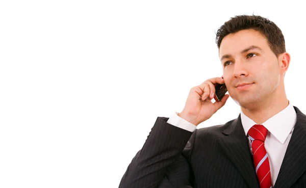 Primo piano di un giovane uomo d'affari al telefono, isolato su bianco — Foto Stock