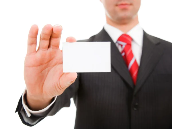 Крупный план визитной карточки в руке бизнесмена — стоковое фото