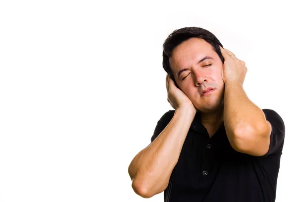 Jeune homme en agonie avec douleur à l'oreille, isolé sur blanc — Photo