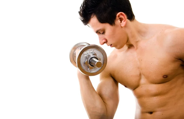 Kraftfull muskulös man lyfta vikter, isolerad på vit — Stockfoto