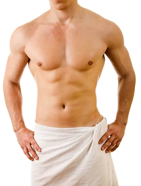 Molhado muscular sexy homem envolto na toalha, isolado no branco — Fotografia de Stock