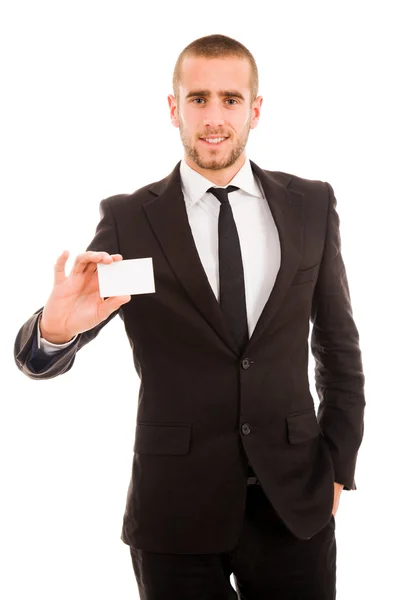 Ο άνθρωπος των επιχειρήσεων παράδοση λευκό φόντο μια κενή επαγγελματική κάρτα — Φωτογραφία Αρχείου