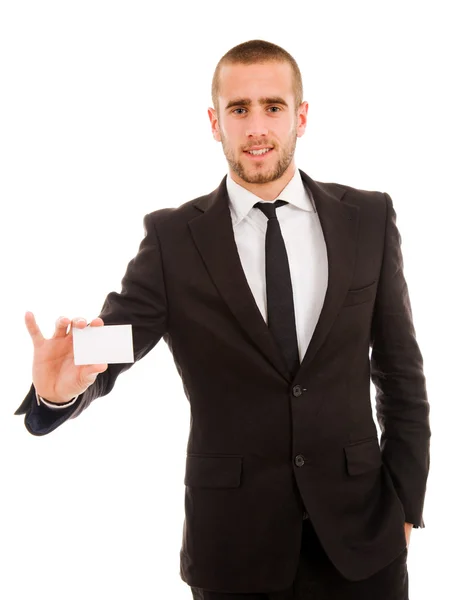 Ο άνθρωπος των επιχειρήσεων παράδοση λευκό φόντο μια κενή επαγγελματική κάρτα — Φωτογραφία Αρχείου
