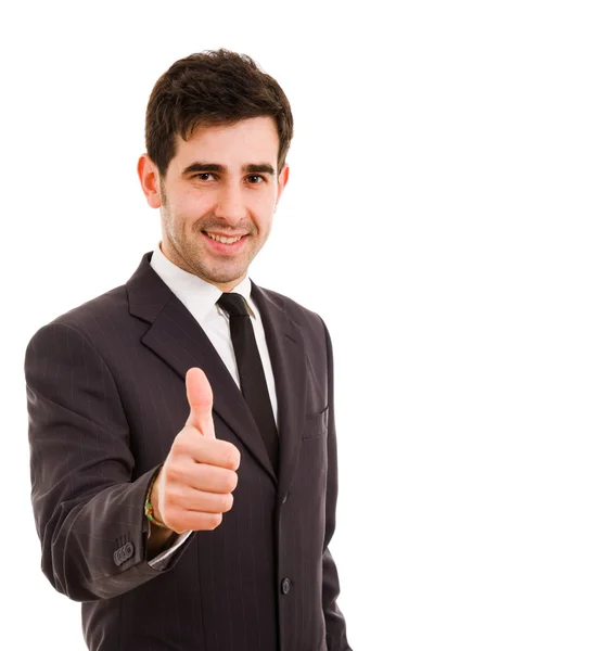 Glada leende affärsman med tummen upp gest, isolerad på wh — Stockfoto