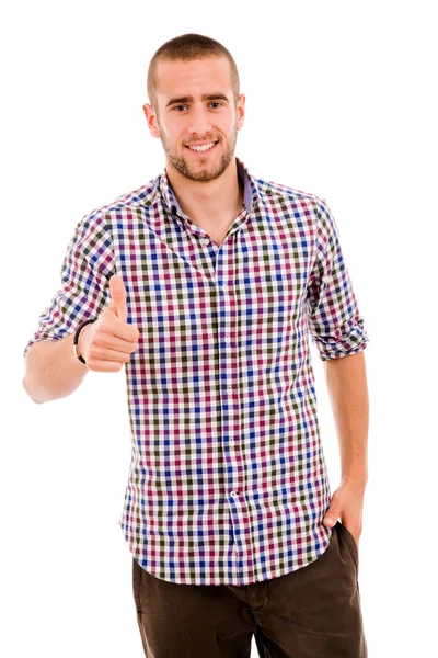 Glücklich lässiger junger Mann zeigt Daumen nach oben und lächelt isoliert auf — Stockfoto