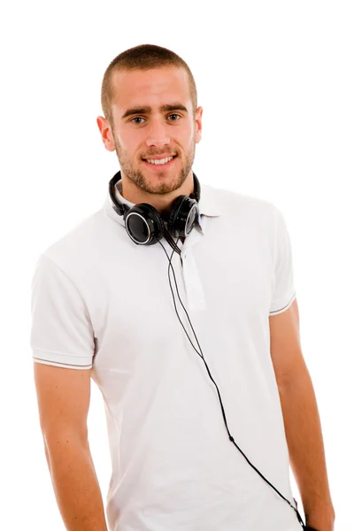 Smiling young boy with headphones around his neck, isolated on w — Stock Photo, Image