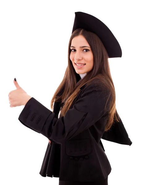 Retrato de uma estudante graduada em um vestido acadêmico. Isola — Fotografia de Stock