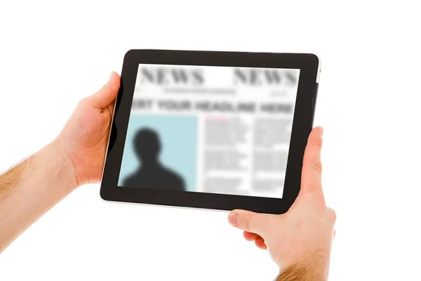 Obraz člověka ruce drží počítač touchpad a čtení n Royalty Free Stock Obrázky
