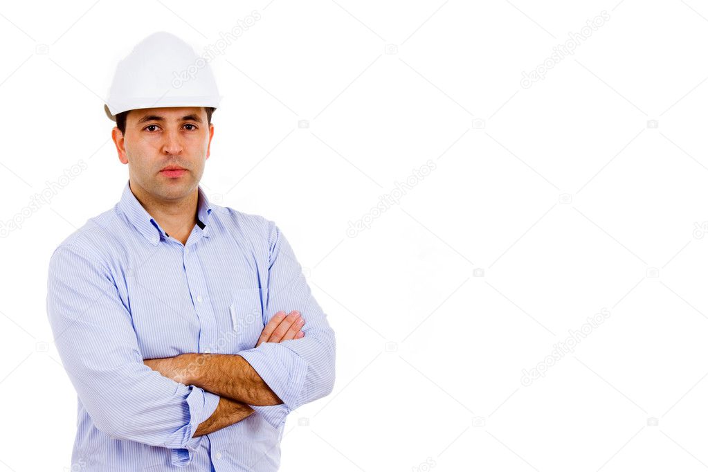Portrait of young male civil engineer. Isolated on white backgro