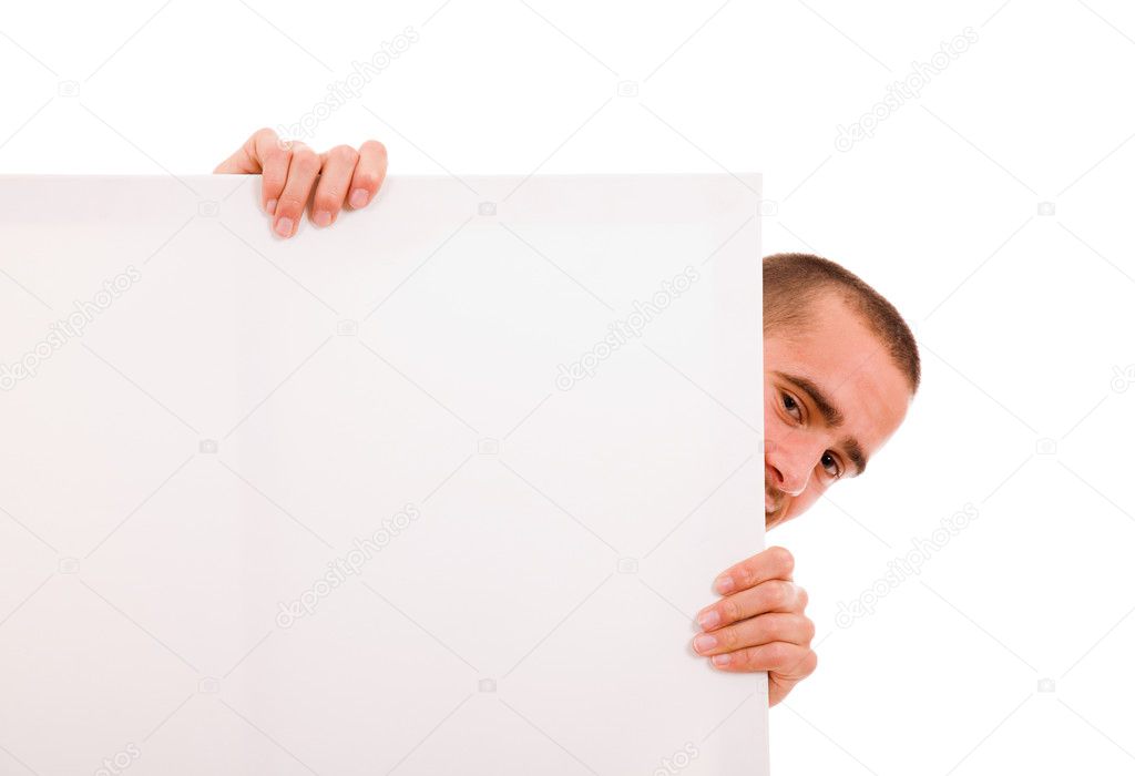 Portrait of a happy male holding blank white card