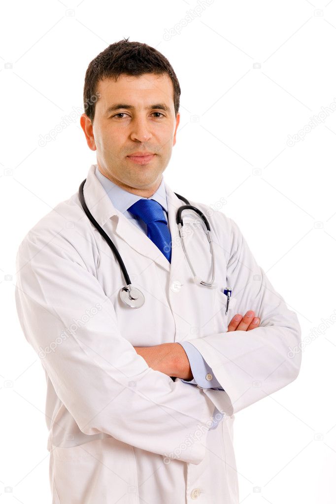 Young male doctor portrait, isolated on white background