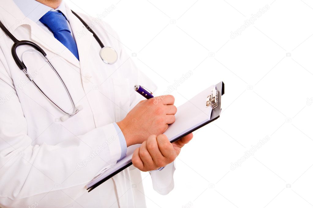 Close up of medical doctor with stethoscope writing. Isolated ov