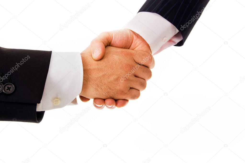 Business men handshake on white background