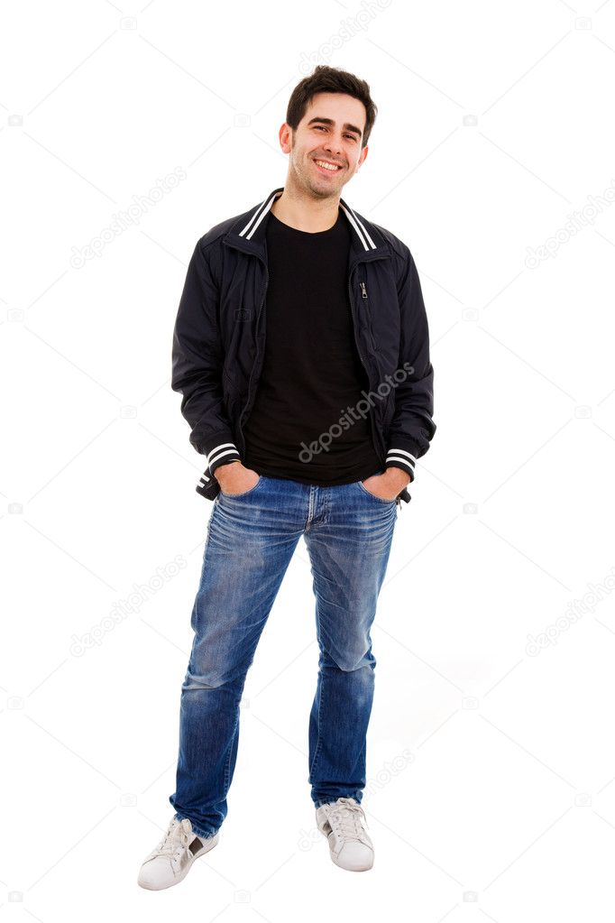 Smiling young man standing on white background