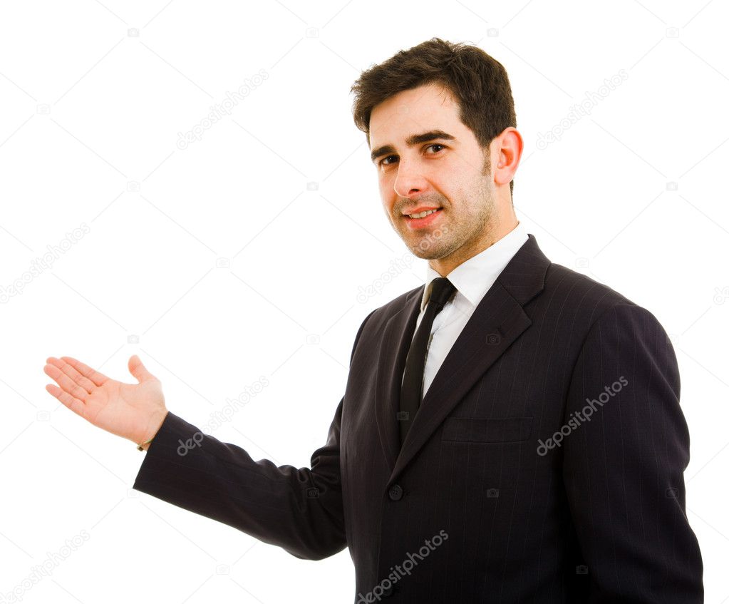 Happy businessman with arm out in a welcoming gesture , isolated