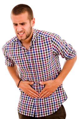 Young man with strong stomach pain isolated on white background clipart