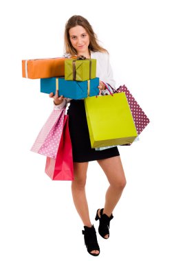 Elegant woman carrying shopping bags clipart