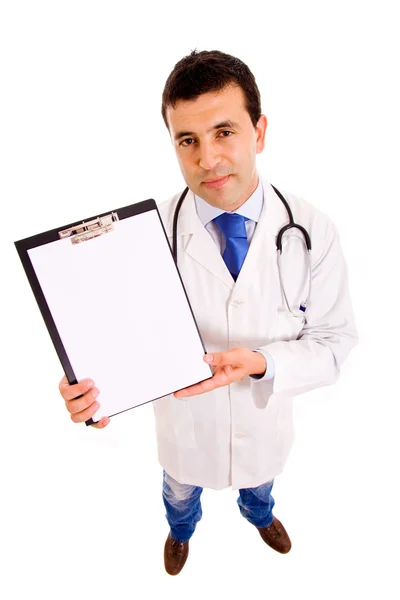 白空白カードを持って笑顔若い医者の平面図は — ストック写真