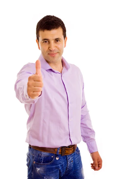 Happy young casual man thumbs up. Isolated on white. — Stock Photo, Image