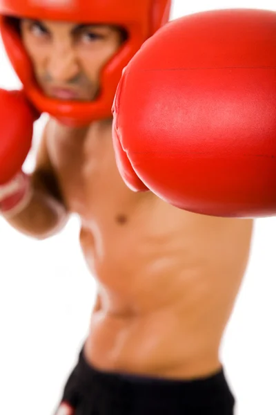 Portrait of young Boxer fighter with boxing helmet and gloves ov — Stock Photo, Image