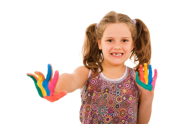 Happy little child with painted hands, isolated on white — Stock Photo, Image