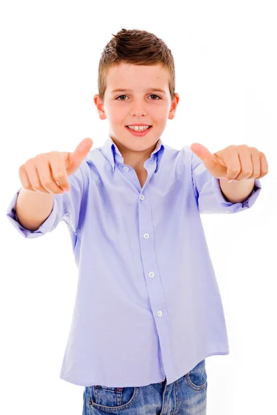 Güleryüzlü bir portre sevimli küçük çocuk el hareketi başparmak kaydolun — Stok fotoğraf