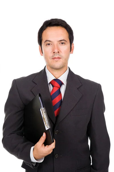 Portrait of a handsome business man standing with binder. Isolat — Stock Photo, Image