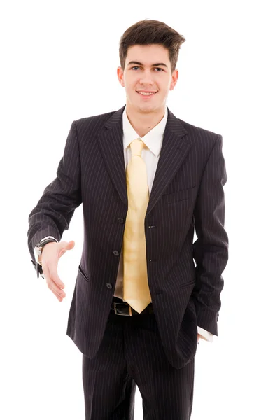 Young happy business man giving hand for handshake, isolated on — Stock Photo, Image