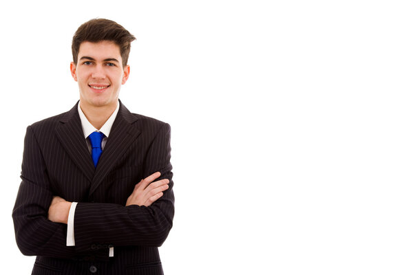 Happy young business man portrait, isolated on white