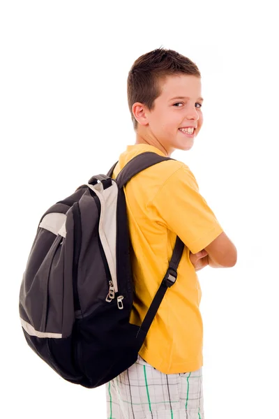 Sorrindo menino da escola sobre fundo branco — Fotografia de Stock