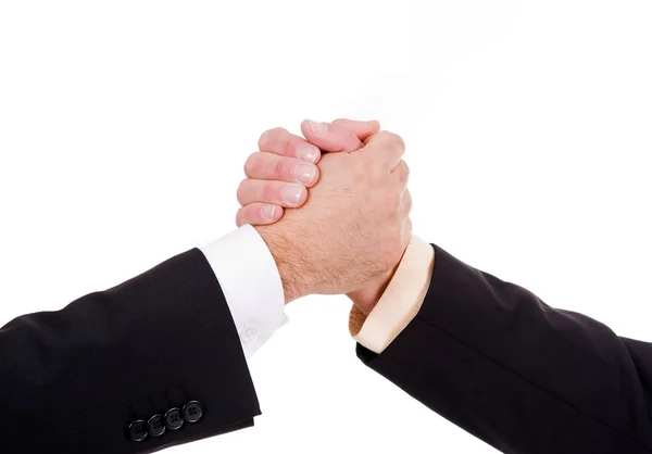 stock image Two businessmen hands handshake isolated on white