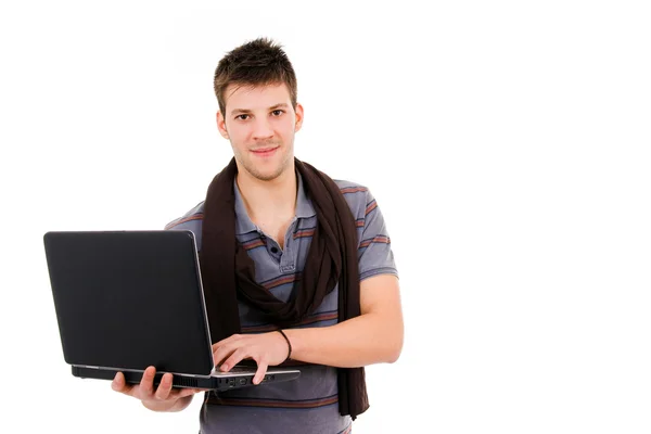 Happy young man with laptop - isolated on white — Stock Photo, Image