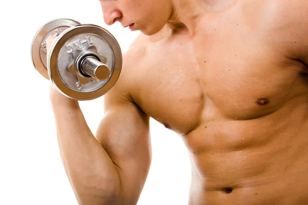 Kräftiger muskulöser Mann beim Heben von Gewichten, isoliert auf weiß — Stockfoto