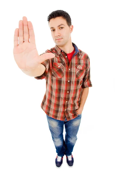 Young man making stop with his hand, isolated on white — Stock Photo, Image