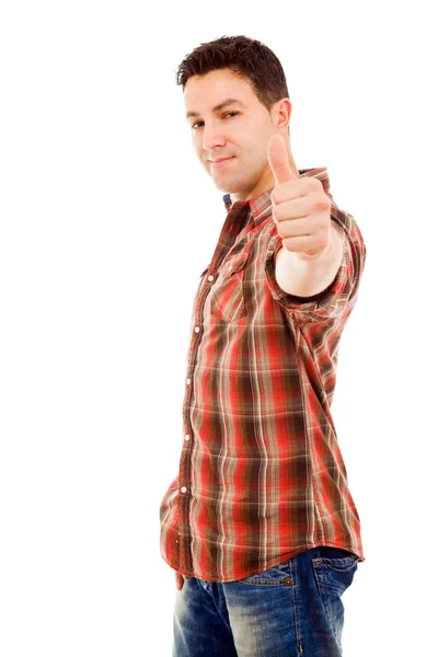 Happy young man showing thumb up and smiling. Isolated on white — Stock Photo, Image