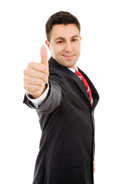 Young business man thumb up, isolated on white