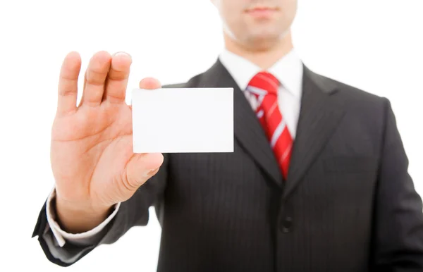 Крупный план визитной карточки в руке бизнесмена — стоковое фото