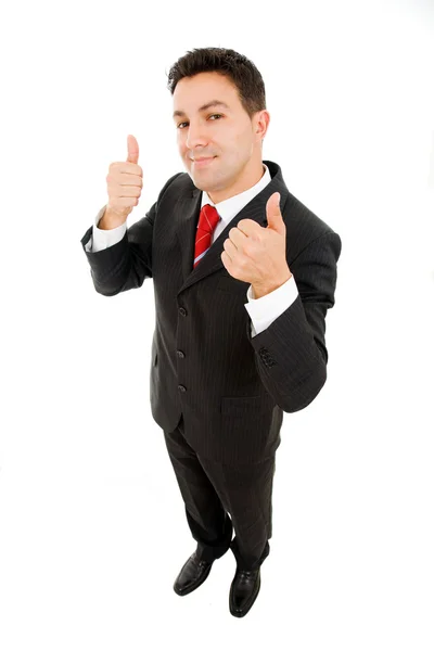 Młody biznes człowiek całe ciało kciuki do góry, biały na białym tle na — Zdjęcie stockowe