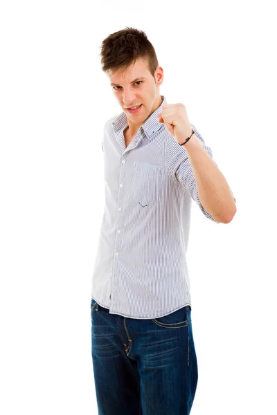 Portrait of an excited young man with hands raised in victory ag — Stock Photo, Image
