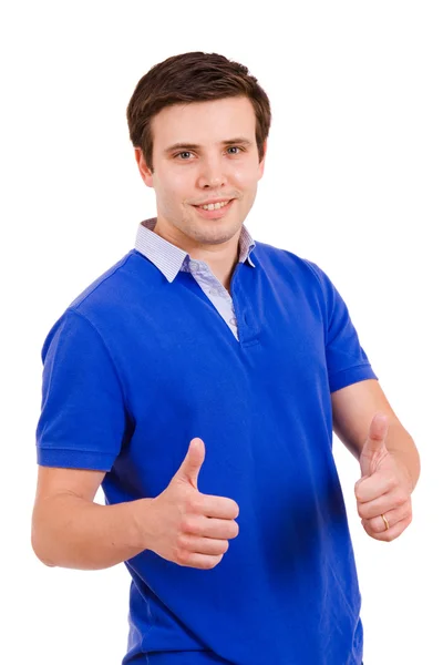 Šťastný neformální mladý muž zobrazeno palec nahoru a usmívá se, izolované na — Stock fotografie
