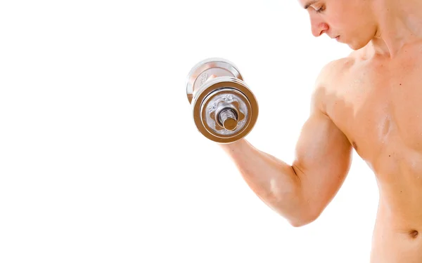 Fitness-Mann stemmt Gewichte auf weißem Hintergrund — Stockfoto