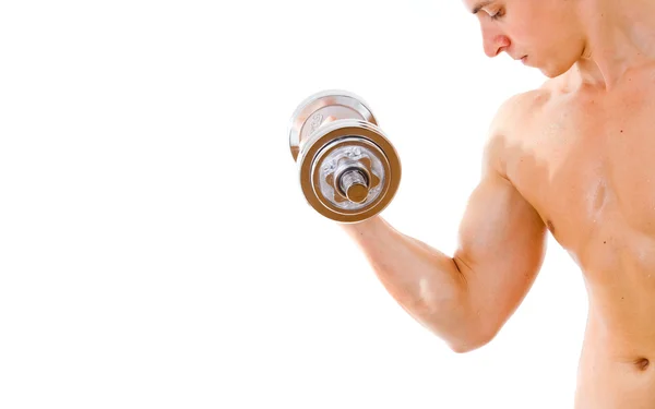 Fitness homem levantando pesos no fundo branco — Fotografia de Stock