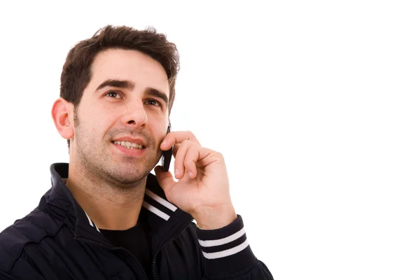 Nahaufnahme eines jungen Mannes am Telefon, isoliert auf weiß — Stockfoto